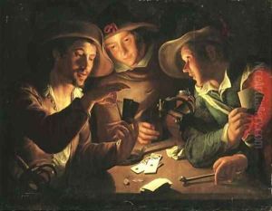 Soldiers playing cards by candlelight by Peter Wtewael