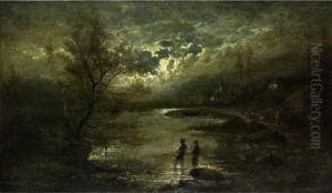 Fischer Im Uferwasser In Nachtlicher Seelandschaft by Edward Moerenhout