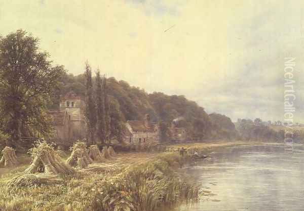 Riverside Village with figures fishing - view 1