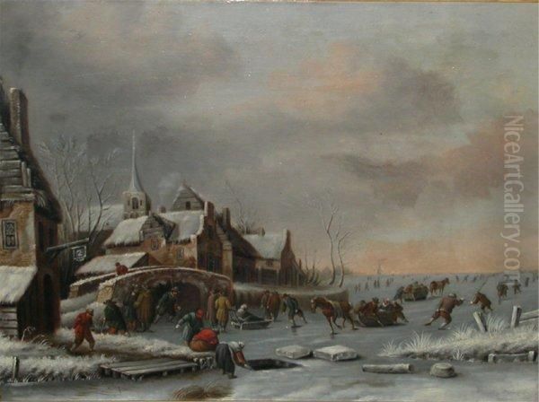 Hollandische Winterlandschaft
Mit Eingefrorenem Stadtbild Und Reicher Figurenstaffage Beim Eislauf - view 1