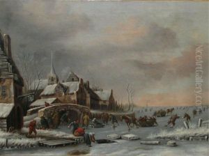 Hollandische Winterlandschaft 
Mit Eingefrorenem Stadtbild Und Reicher Figurenstaffage Beim Eislauf