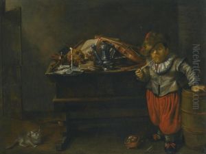 An Interior With A Dwarf And A Vanitas Still Life