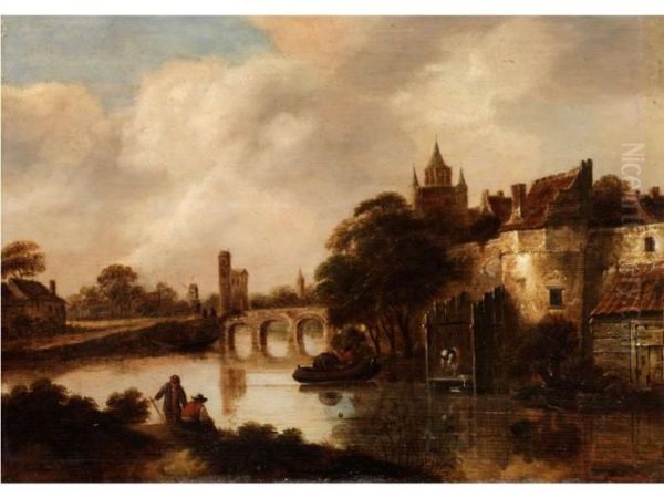 Hollandische Flusslandschaft Mit Befestigter Stadt Am Ufer - view 1