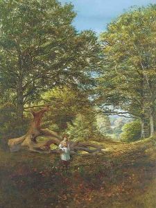 A young girl by a fallen oak in a woodland clearing by Edmund George Warren