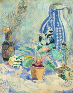 Stilleben Mit Blau-grauem Krug, Primeltopf Und Kurbis