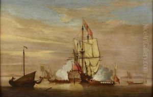 The Landfall Of The Royal Caroline, Firing A Salute by Peter Monamy