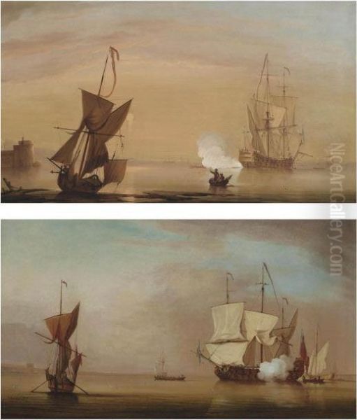 A Two-decker Announcing Its Departure From A Fortified Anchorage - view 1