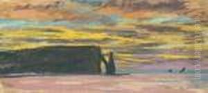 Etretat, Aiguille Et Porte D'aval, Soleil Couchant by Claude Oscar Monet