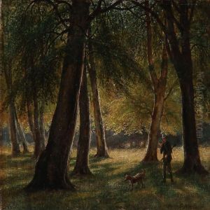 A Hunter With His Dog In The Woods