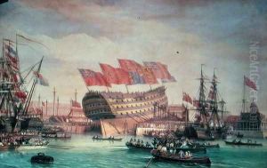 The Launching of HMS Trafalgar at Chatham, July 1820