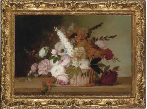 Peonies, Sunflowers And Chrysanthemums In A Wicker Basket On A Ledge