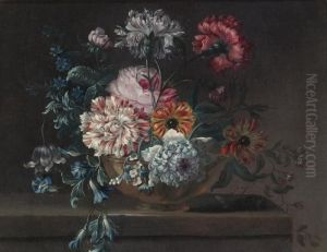 Still Life Of Variegated Carnations And Other Flowers On A Ledge