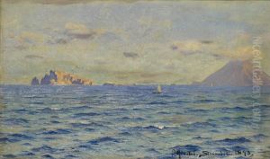 Havslandskap Med Segelbat Vid Stromboli by Peder Mork Monsted