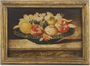 Apples And Figs In A Porcelain Dish On A Stone Ledge