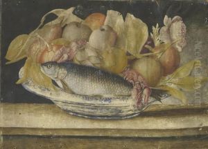Still Life With A Fish, Lobster And Fruit In A Serving Dish by Octavianus Montfort