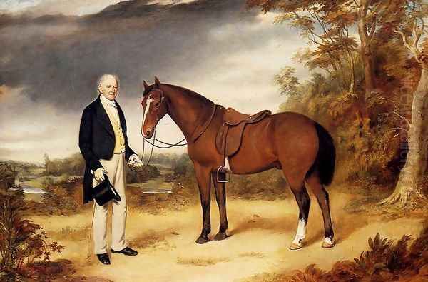 A Gentleman Holding a Chestnut Hunter in a Wooded Landscape - view 1