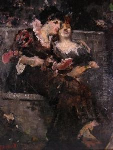 Two Women Seated In A Garden by Adolphe Joseph Thomas Monticelli
