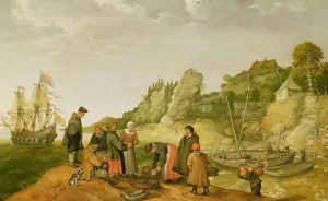 Fisherman unloading and selling their catch on a rocky shoreline by Adam Willaerts