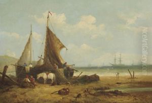 Fishing Boats Beached On The Coast With Fishermen Sorting The Catch by John Moore Of Ipswich