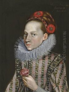Portrait Of A Girl, Half-length,
In A Richly Embroidered Red Dress And A Ruff, With A Decorated
Headband, Holding A Rose Portrait Of A Girl, Half-length,
In A Richly Embroidered Red Dress And A Ruff, With A Decorated
Headband, Holding A Rose