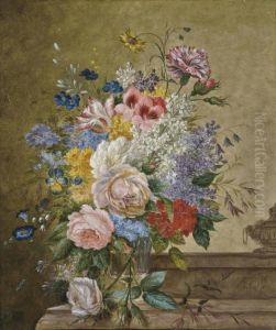Roses, A Tulip, Carnations And Other Flowers In A Glass Vase On A Marble Ledge by Jan Evert Morel