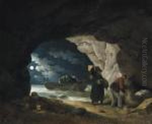 A Moonlit Coastal Inlet With Fishermen Unloading Their Boat - view 1