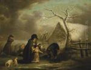 A Winter Landscape With Ice Skaters And A Dog On A Pond by George Morland