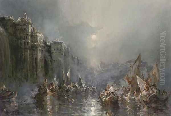 Crowded vessels off Venice by moonlight - view 1
