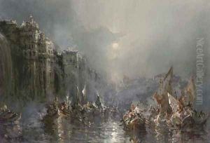 Crowded vessels off Venice by moonlight by Frank Wasley