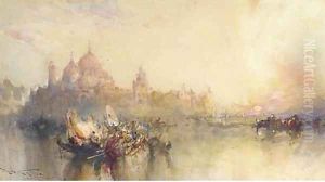 Crowded gondolas on the Lagoon, Venice by Frank Wasley
