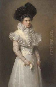 Portrait of a lady, three-quarter-length, in a white dress and black hat by Adolphe Weisz