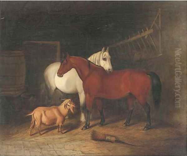 Two horses and a goat in a stable - view 1