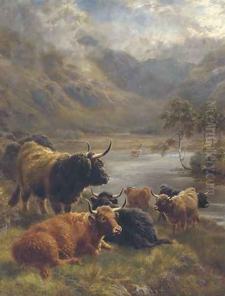 Highland cattle in a loch landscape - view 1