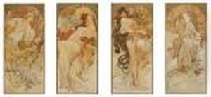 'the Four Seasons' Calendar For Chocolat Masson/chocolat Mexicain by Alphonse Maria Mucha