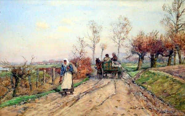 Niederrheinlandschaft Mit Bauerin Und Kutschenwagen - view 1
