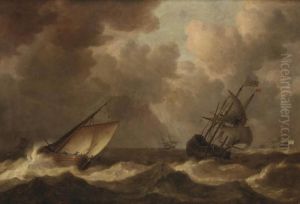 An English Man-of-war Before The Wind And A Close Hauled 'hoeker', As A Storm Approaches by Pieter the Younger Mulier