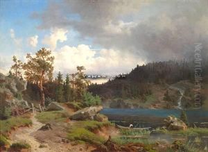Fisker Ved Skogsvann by Morten Muller