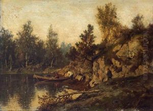 Innsjo Med Robat Og Mennesker 1876 1876 by Morten Muller