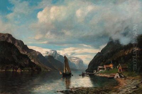 A Sailing Boat In A Rocky Fjord Landscape - view 1