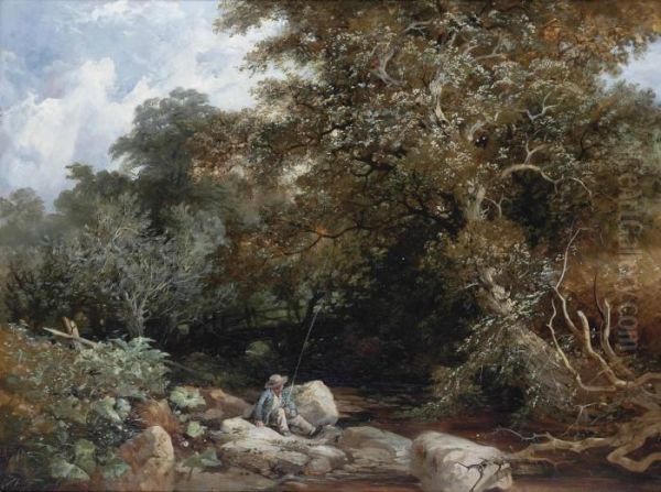 An Angler Beside A Wooded Stream - view 1