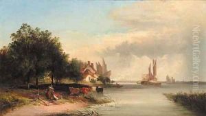 Figures resting by a cottage in an extensive river estuary landscape by Edward Charles Williams
