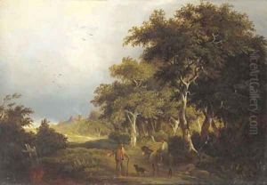 Figures on a path in a wooded landscape by Edward Charles Williams