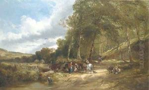 A gypsy encampment in a wooded landscape by Edward Charles Williams
