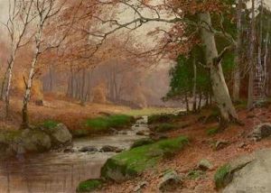 Herbstwald Mit Bachlauf by Konrad Mueller-Kuerzwelly