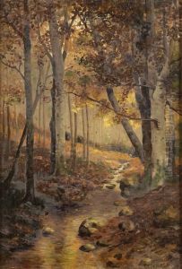 Waldlandschaft Mit Bachlauf. by Konrad Mueller-Kuerzwelly