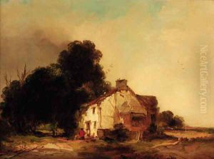Figures before a cottage in a wooded landscape by Edward Charles Williams