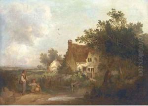 Figures by a cottage by Edward Charles Williams