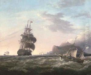 A crowded '74' under reduced sail running past Gibraltar by George Webster