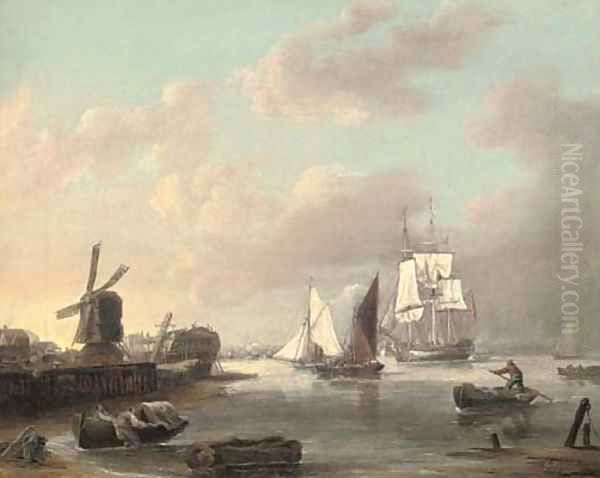 A merchant frigate and smaller traders running up the Thames estuary heading for London - view 1