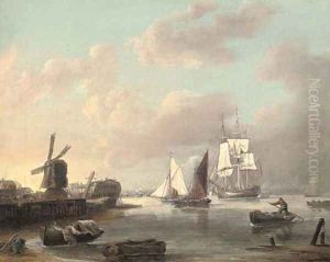 A merchant frigate and smaller traders running up the Thames estuary heading for London by George Webster